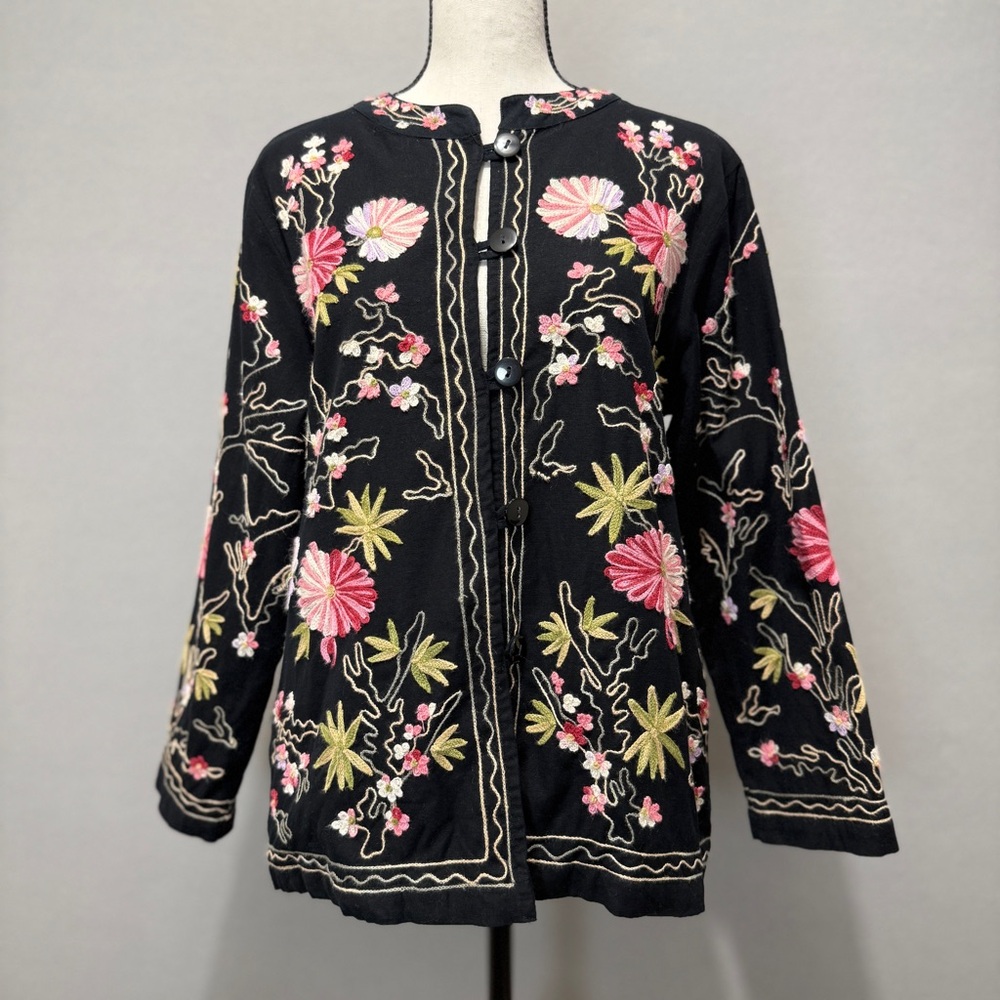BFA Classics Jacket Womens MP Black Floral Embroidered Cotton Boho Vintage Style